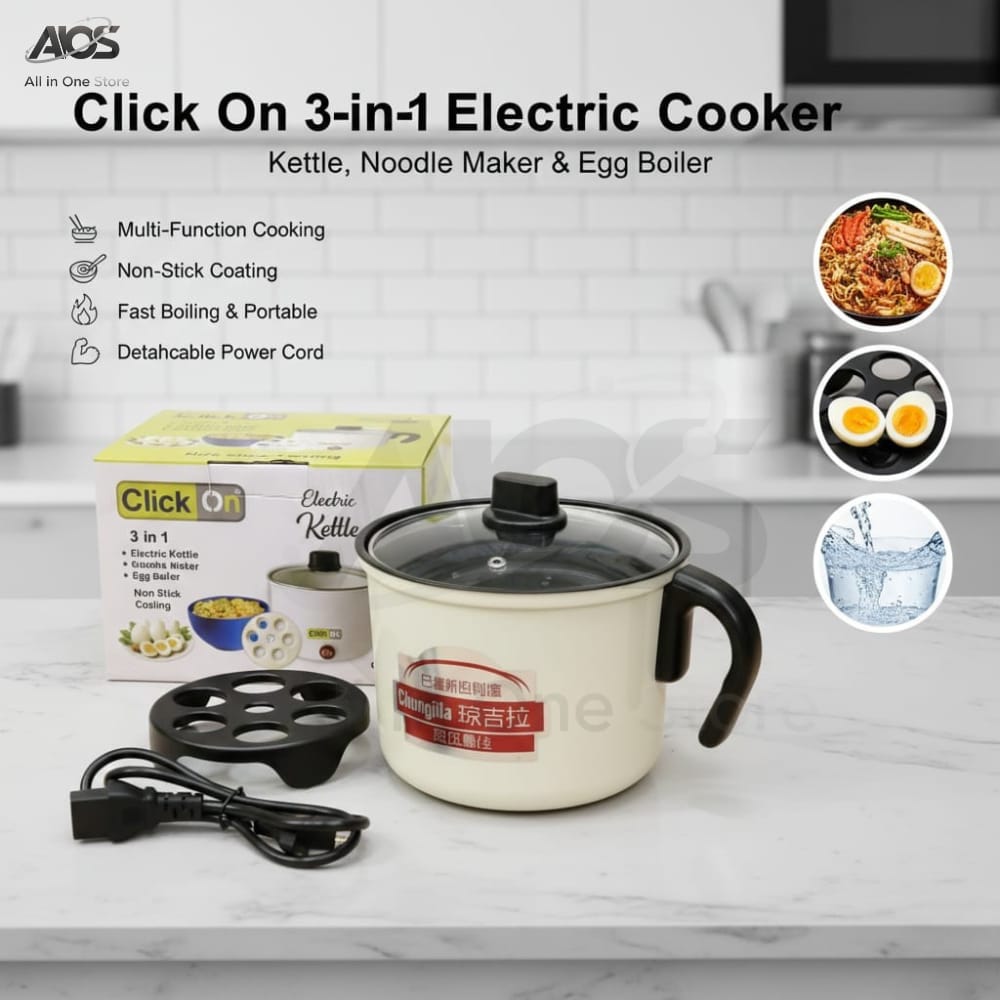 Non Stick Multi Cooker Electric Kettle 3 in 1 – Multifunction Cooking Pot for Noodles, Egg Boiler, Food Warmer, Mini Rice & Soup Cooker with Concealed Heating Base